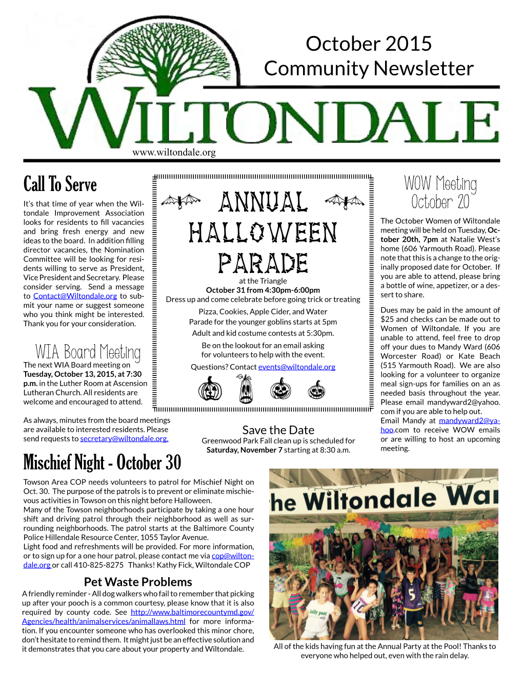 October 2015 Community Newsletter Annual Halloween Parade Mischief Night