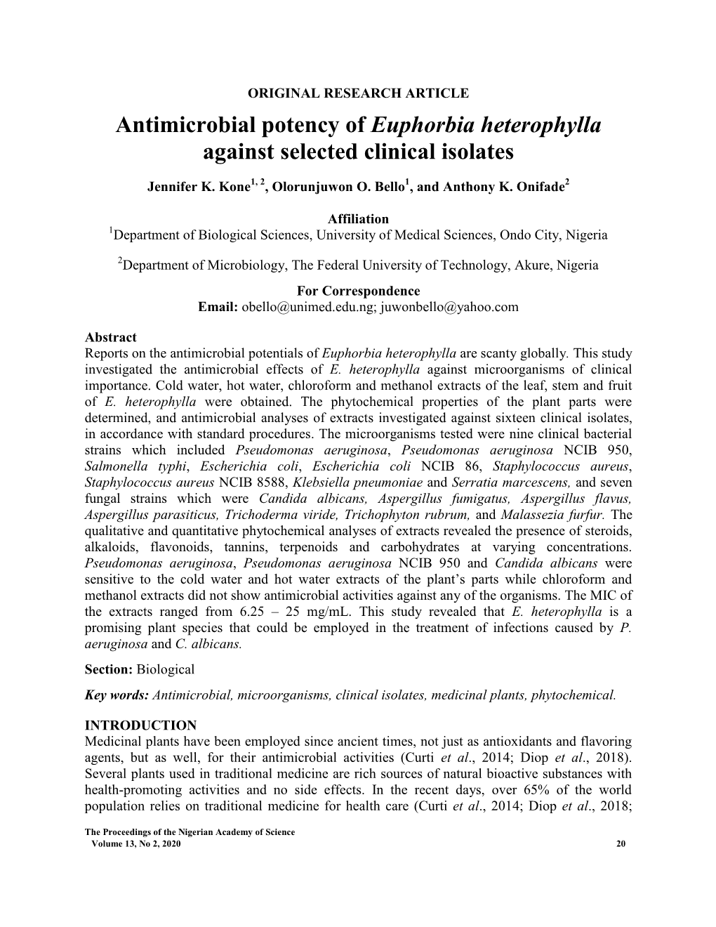 Antimicrobial Potency of Euphorbia Heterophylla Against Selected Clinical Isolates