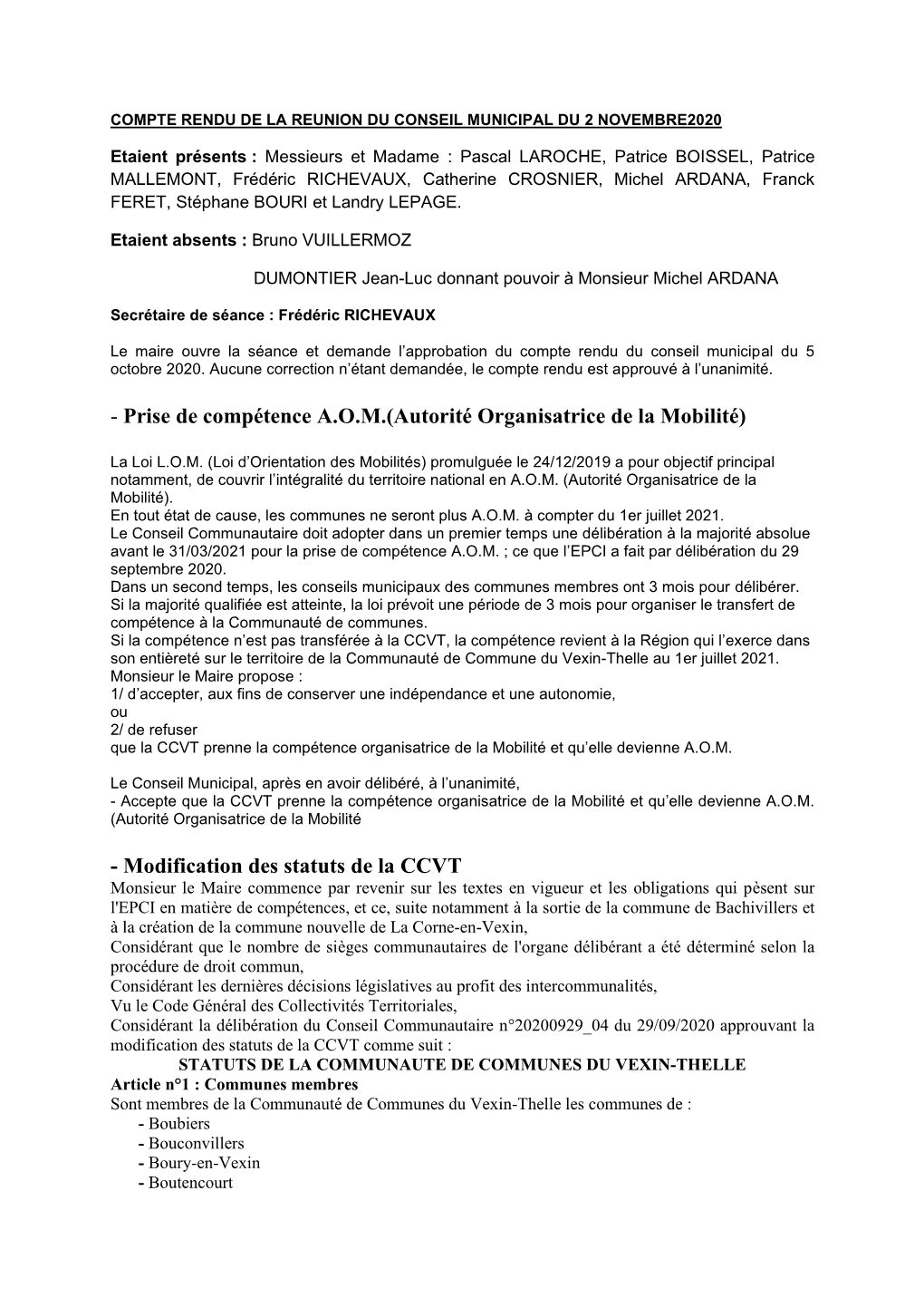 Compte Rendu De La Reunion Du Conseil Municipal Du 18