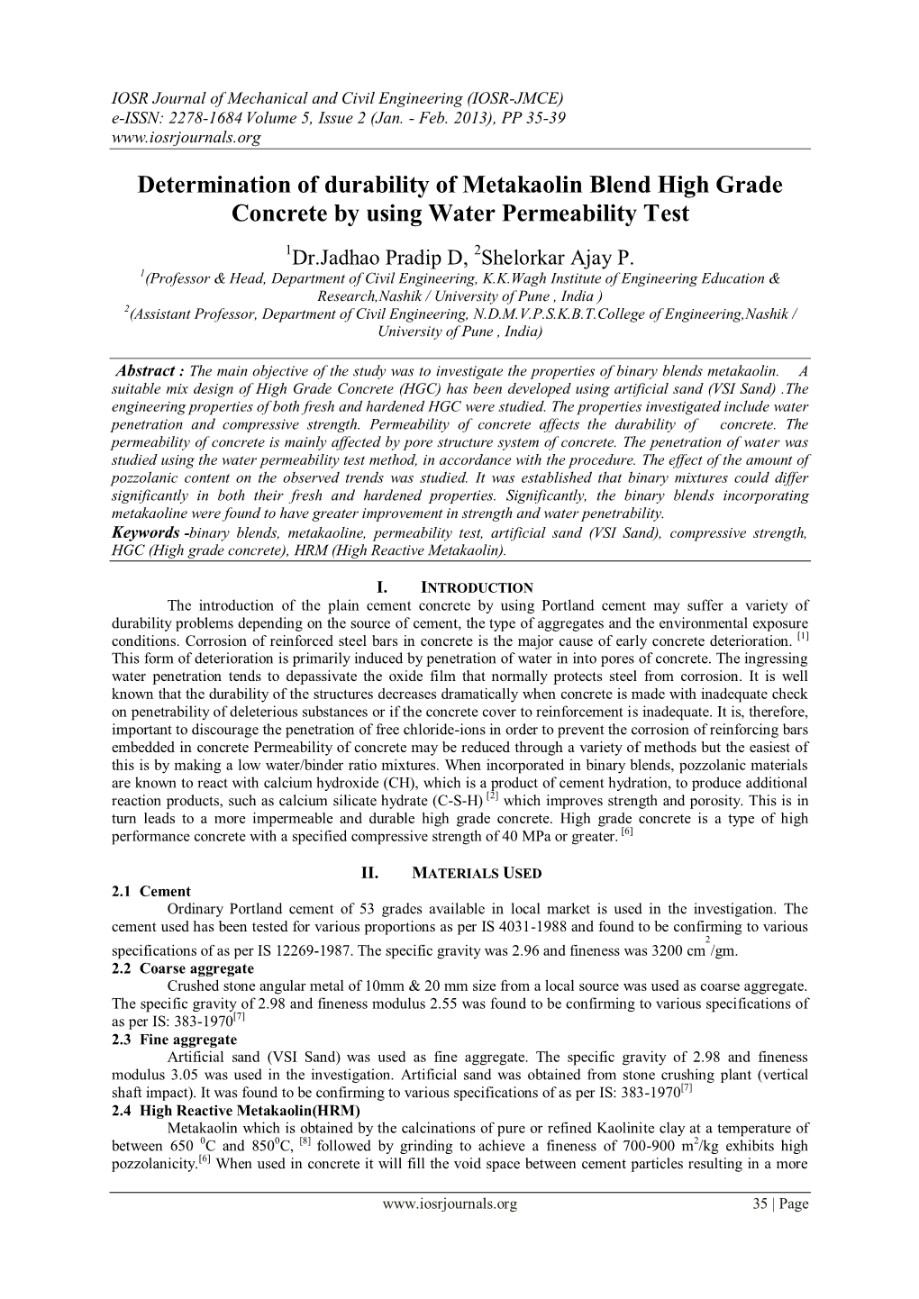 Determination of Durability of Metakaolin Blend High Grade Concrete by Using Water Permeability Test