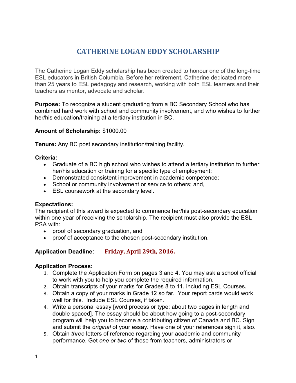 Catherine Logan Eddy Scholarship