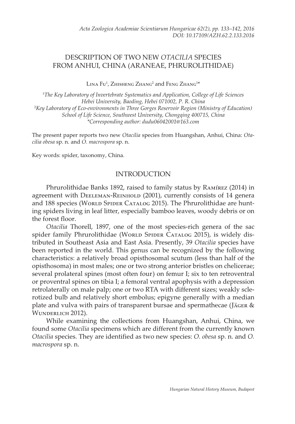 Description of Two New Otacilia Species from Anhui, China (Araneae, Phrurolithidae)