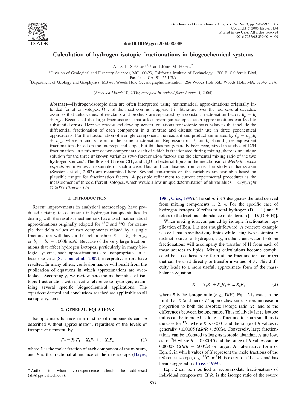 Calculation of Hydrogen Isotopic Fractionations in Biogeochemical Systems