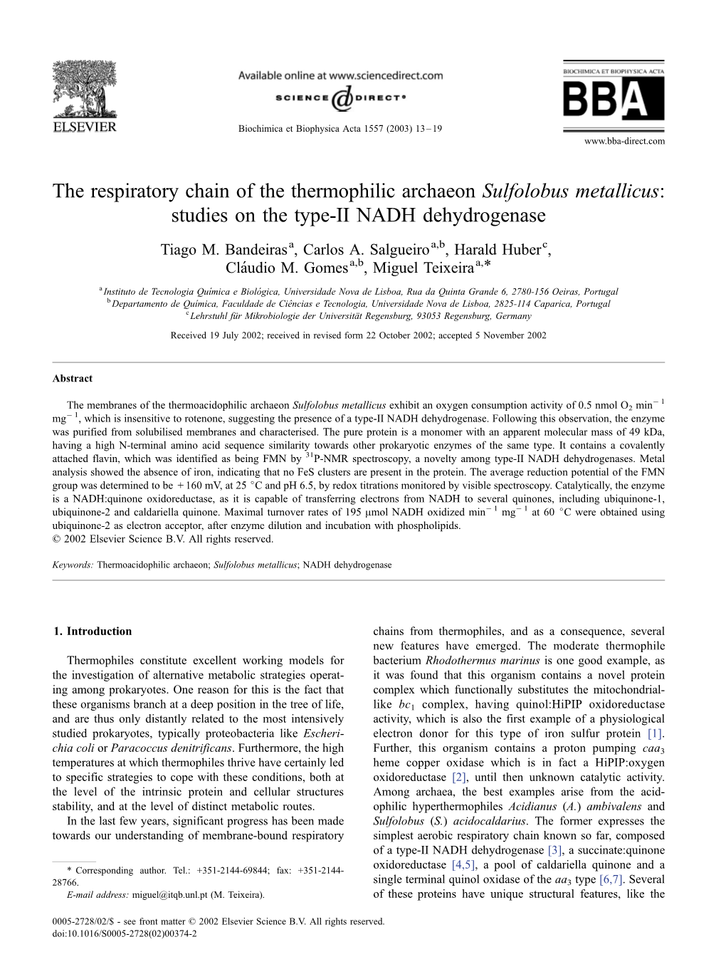 The Respiratory Chain of the Thermophilic Archaeon Sulfolobus Metallicus: Studies on the Type-II NADH Dehydrogenase