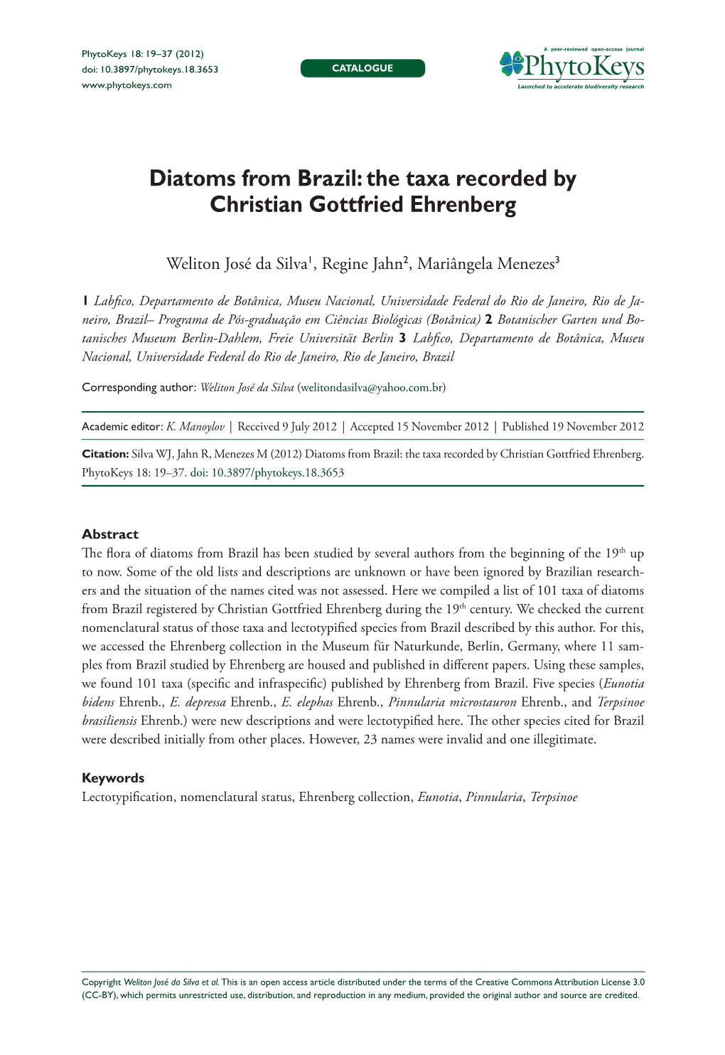 Diatoms from Brazil: the Taxa Recorded by Christian Gottfried Ehrenberg