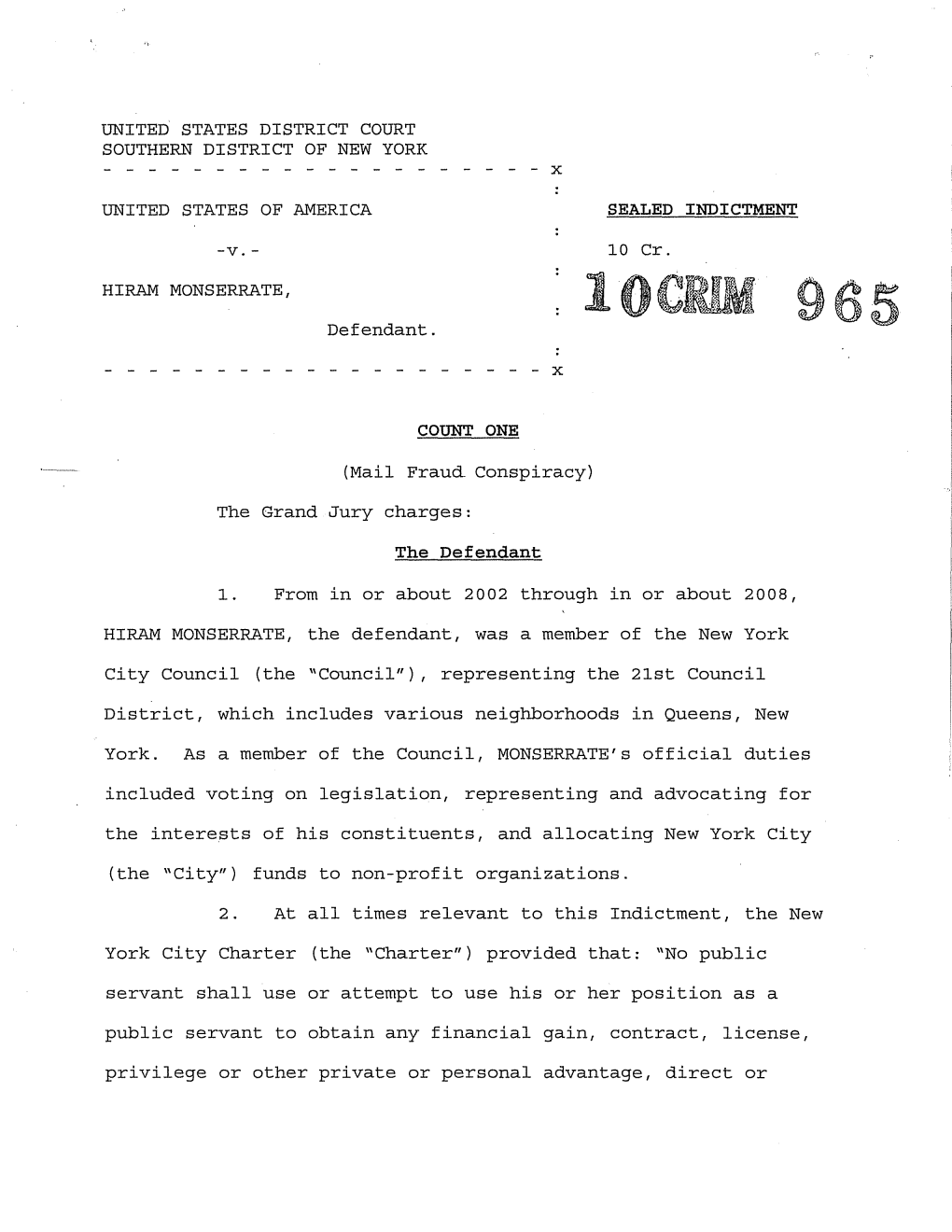 U.S. V. Hiram Monserrate Indictment