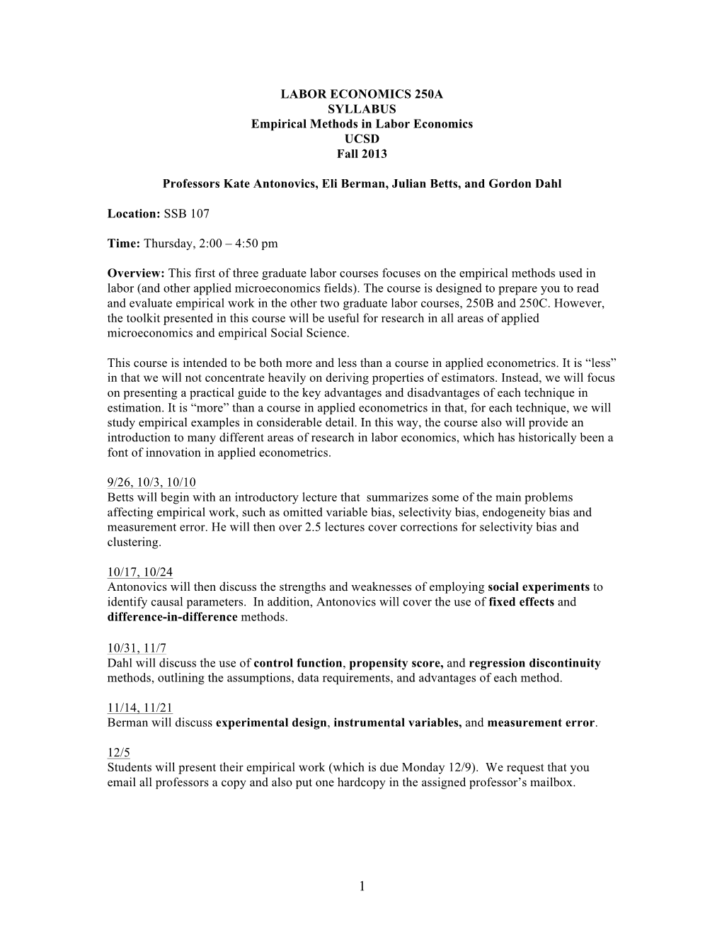 SYLLABUS Empirical Methods in Labor Economics UCSD Fall 2013