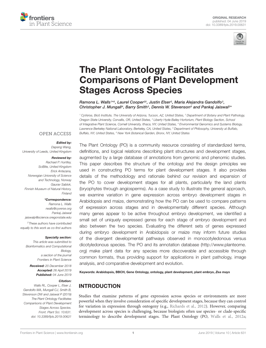 The Plant Ontology Facilitates Comparisons of Plant Development Stages Across Species