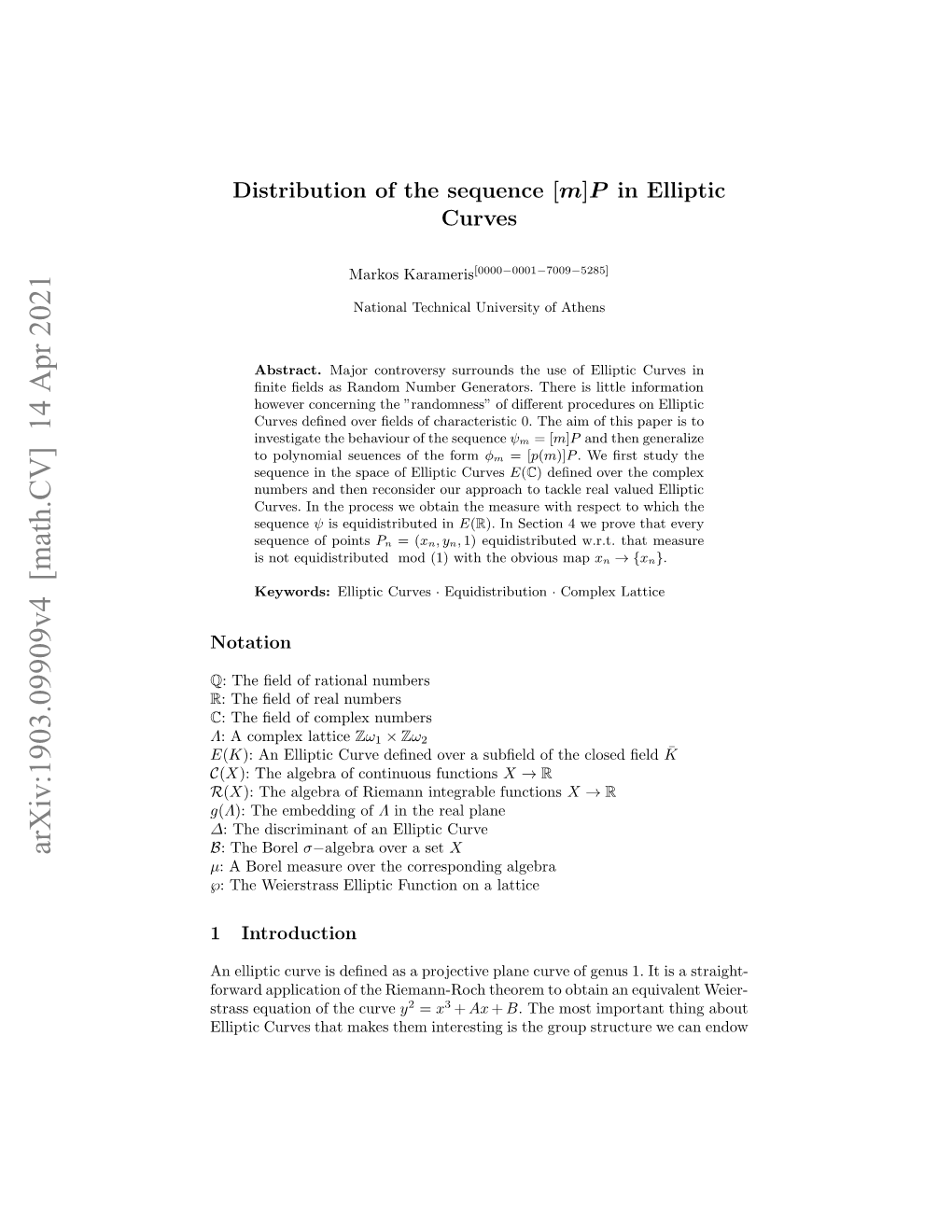 Arxiv:1903.09909V4 [Math.CV] 14 Apr 2021 Nelpi Uv Sdﬁe Sapoetv Ln Uv Fgns1 Tis Curve It the Equiv 1