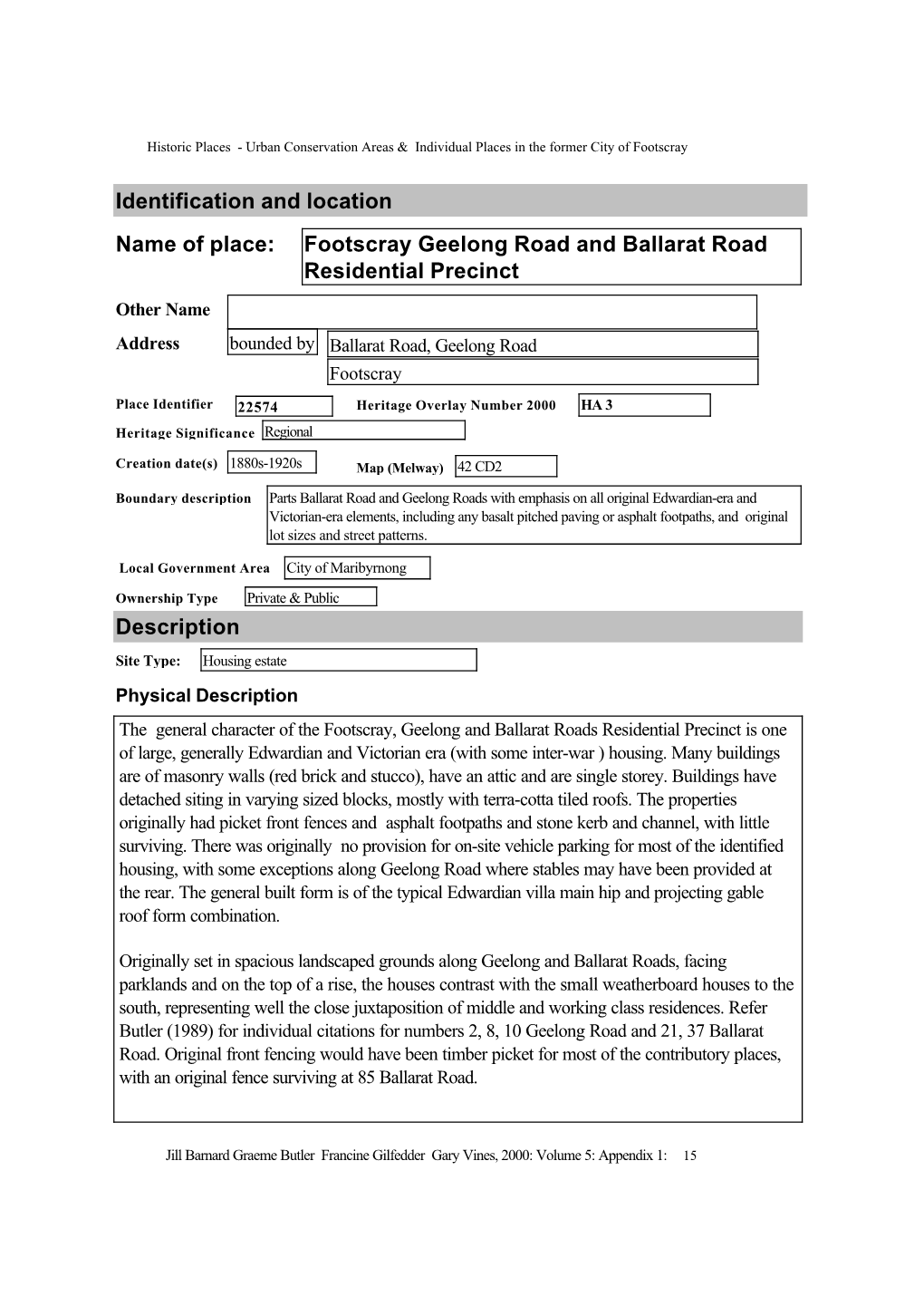 Footscray Geelong Road and Ballarat Road Residential Precinct Identification and Location Description