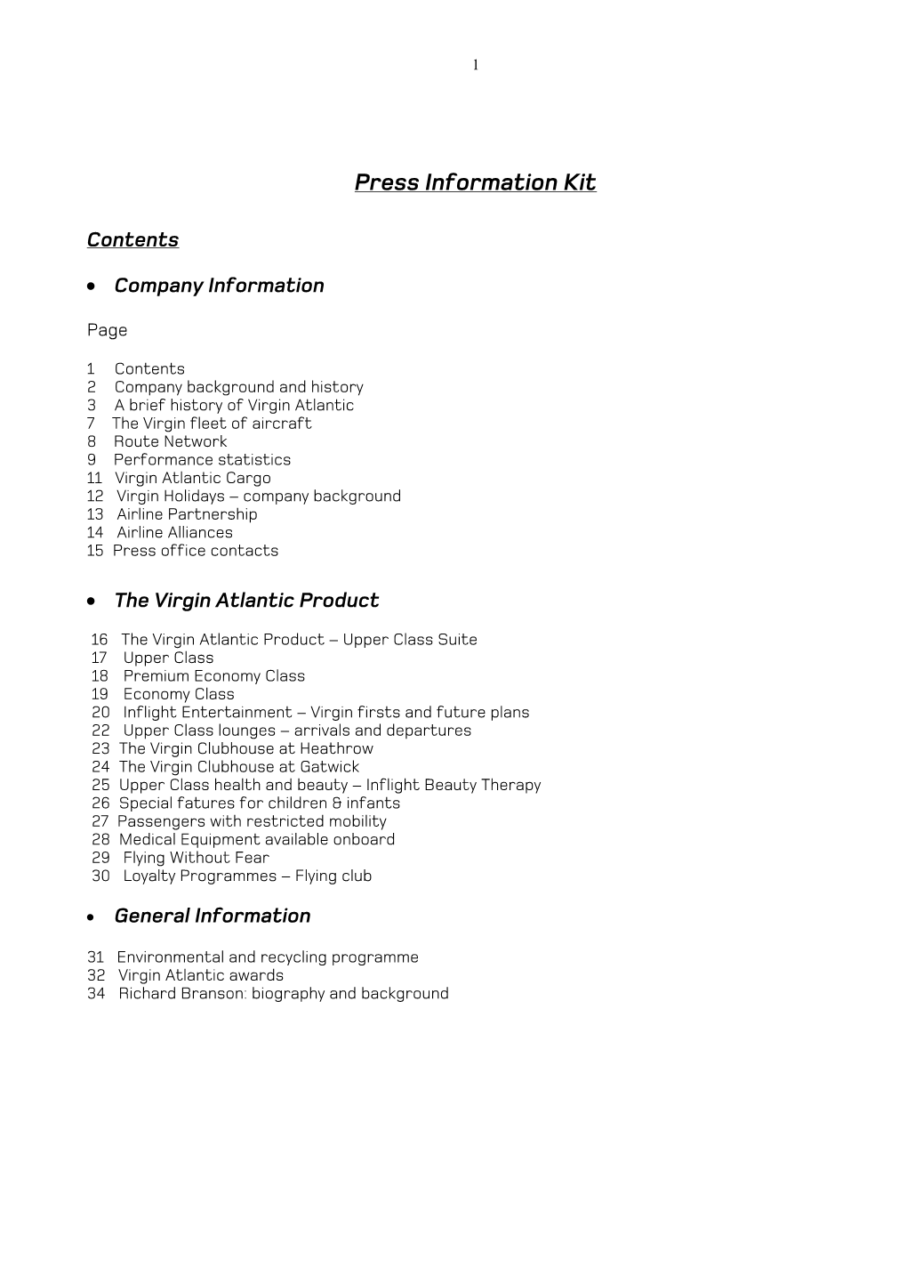 Virgin Atlantic Cargo 12 Virgin Holidays – Company Background 13 Airline Partnership 14 Airline Alliances 15 Press Office Contacts