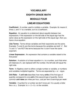 Vocabulary Eighth Grade Math Module Four Linear Equations