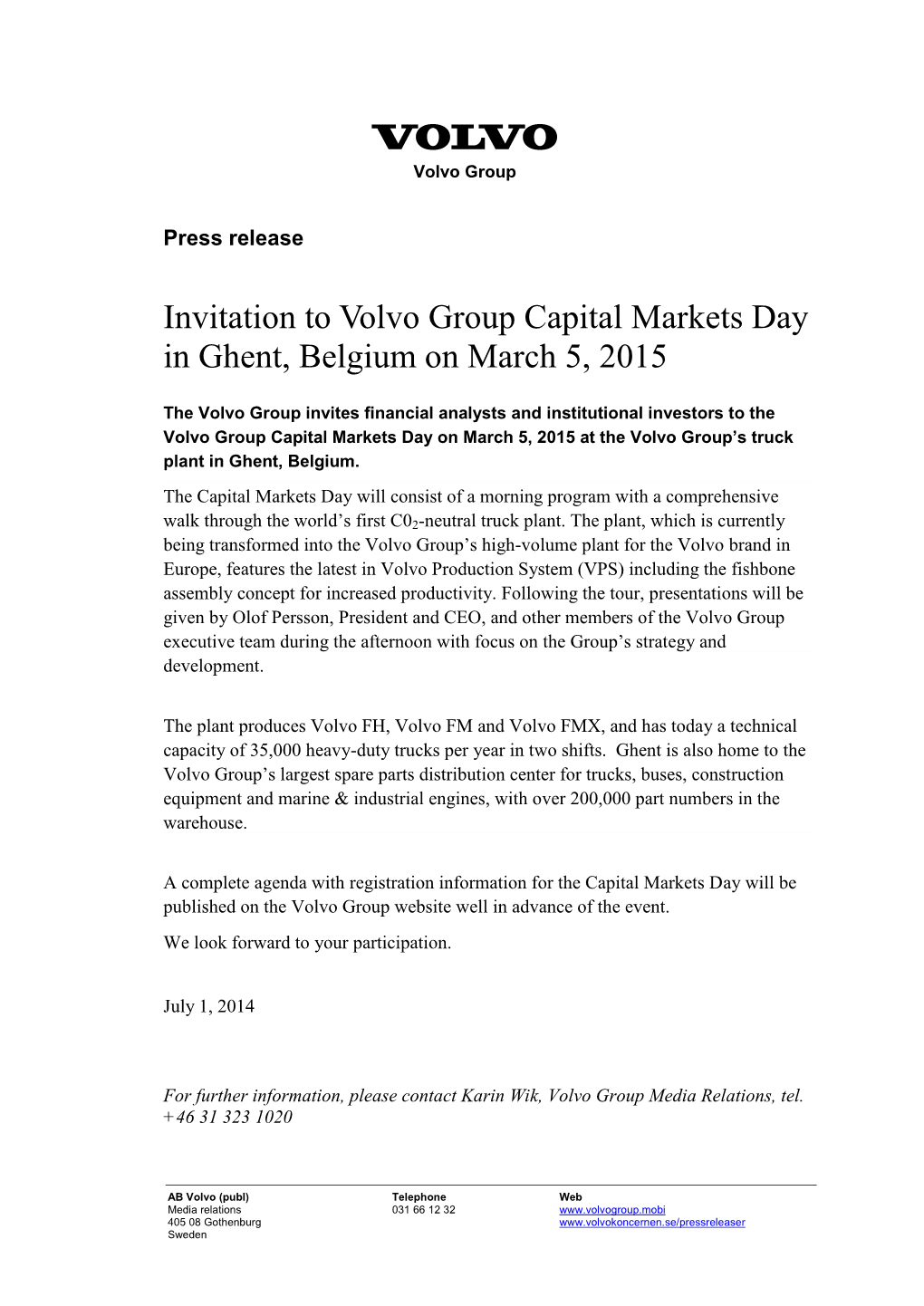 Invitation to Volvo Group Capital Markets Day in Ghent, Belgium on March 5, 2015