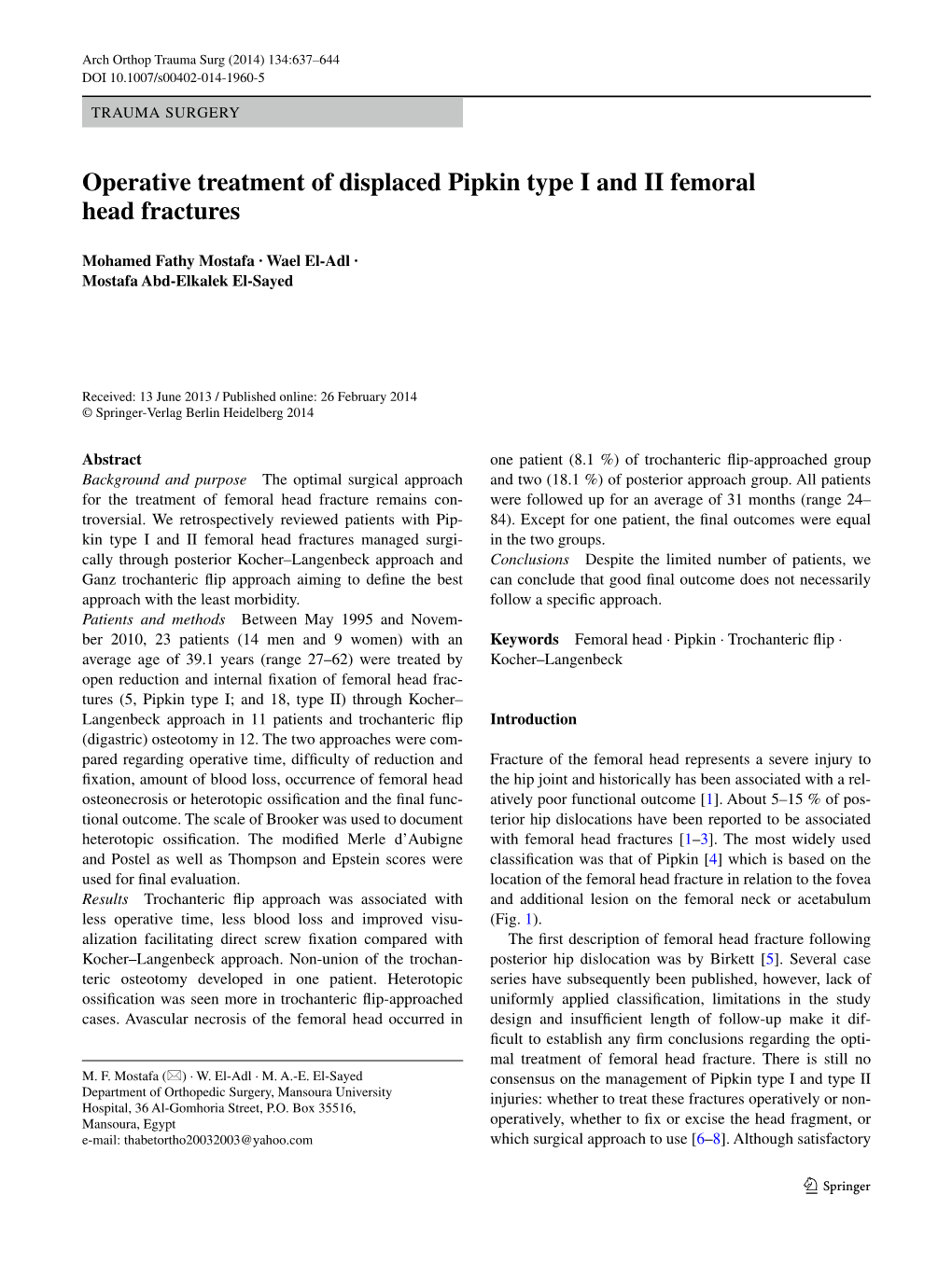 Operative Treatment Of Displaced Pipkin Type I And II Femoral Head ...