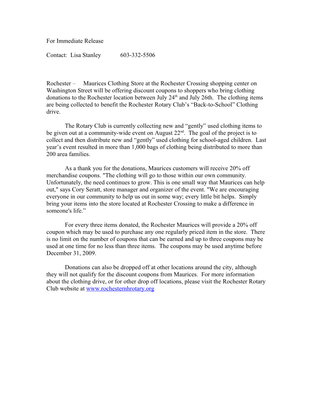 For Immediate Release s194