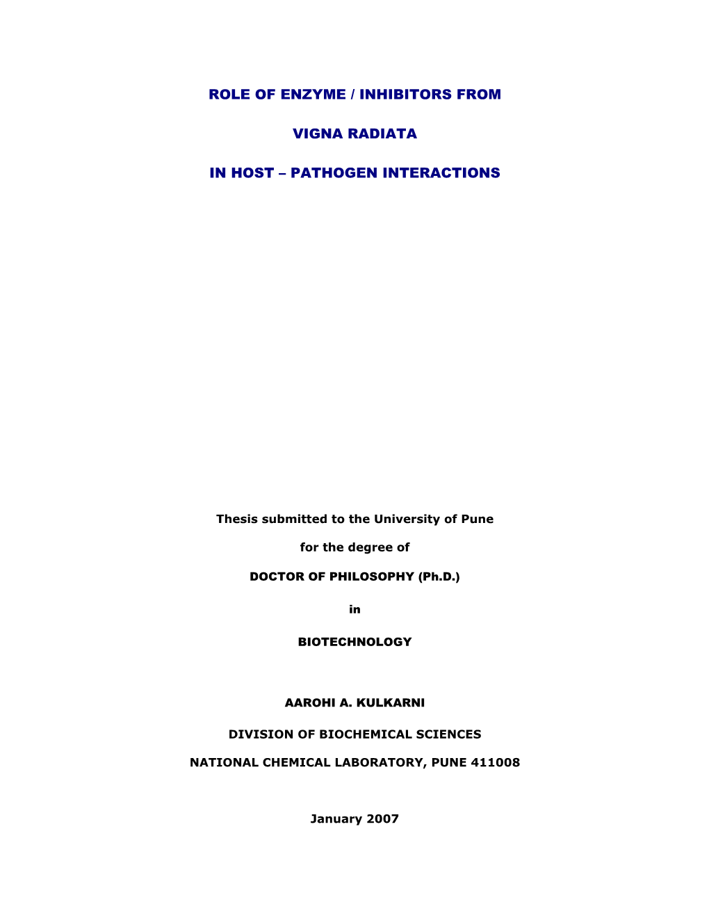 Role of Enzyme / Inhibitors from Vigna Radiata in Host