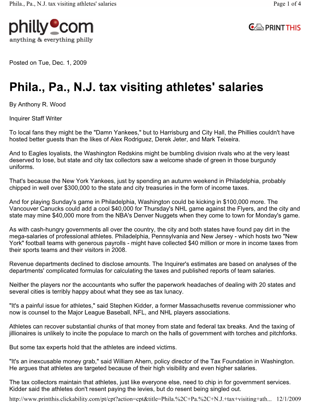 Phila., Pa., N.J. Tax Visiting Athletes' Salaries Page 1 of 4