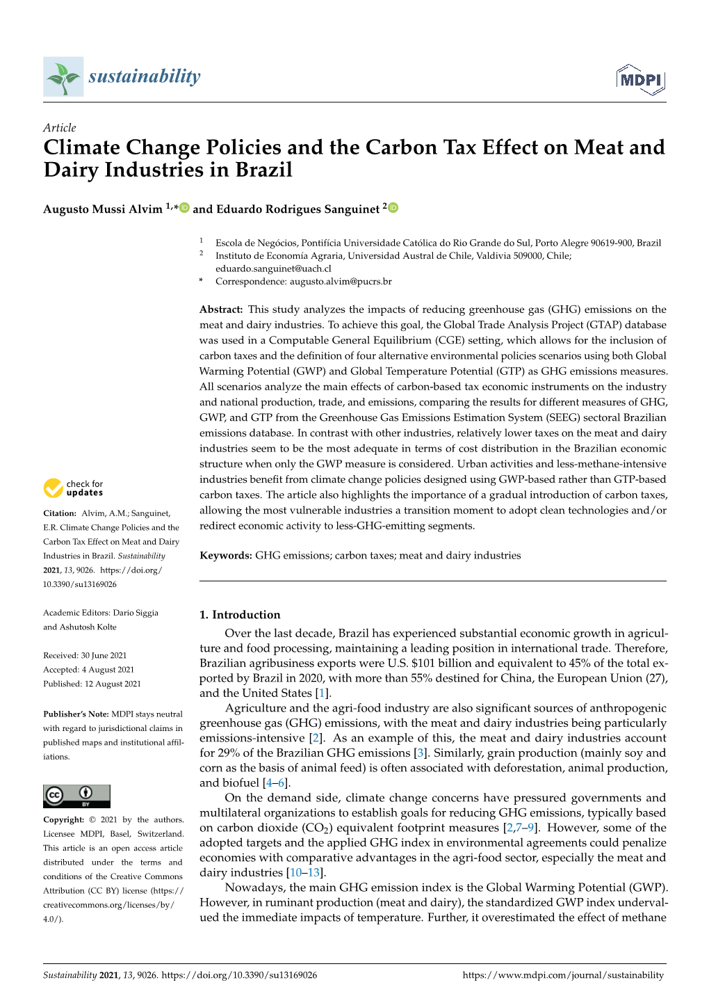 Climate Change Policies and the Carbon Tax Effect on Meat and Dairy Industries in Brazil