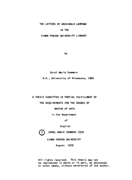 The Letters of Archibald Lampman in the Simon Fraser University Library