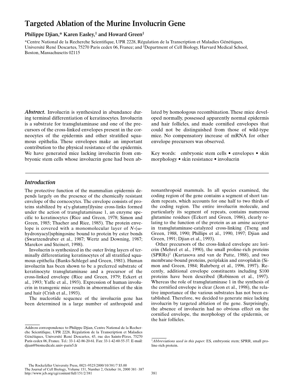 Targeted Ablation of the Murine Involucrin Gene