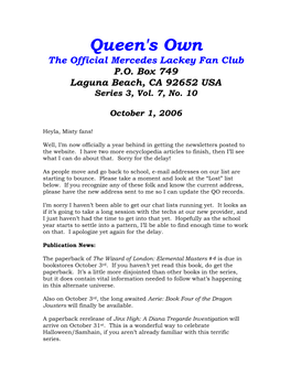 Queen's Own the Official Mercedes Lackey Fan Club P.O