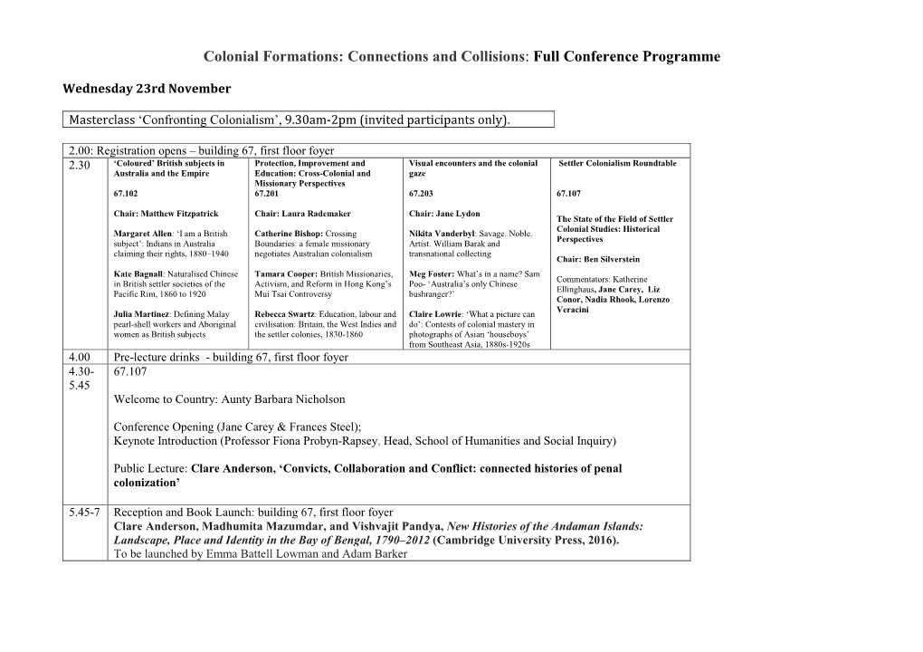 Colonial Formations: Connections and Collisions: Full Conference Programme