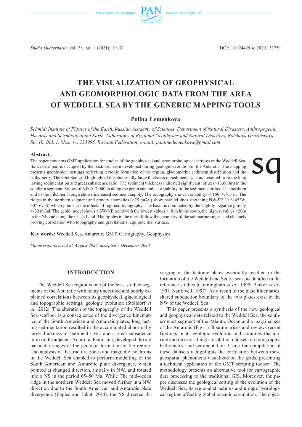 The Visualization of Geophysical and Geomorphologic Data from the Area of Weddell Sea by the Generic Mapping Tools