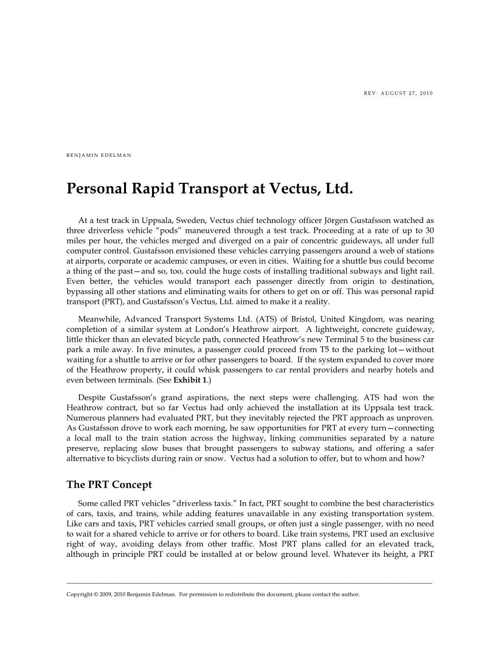 Personal Rapid Transport at Vectus, Ltd