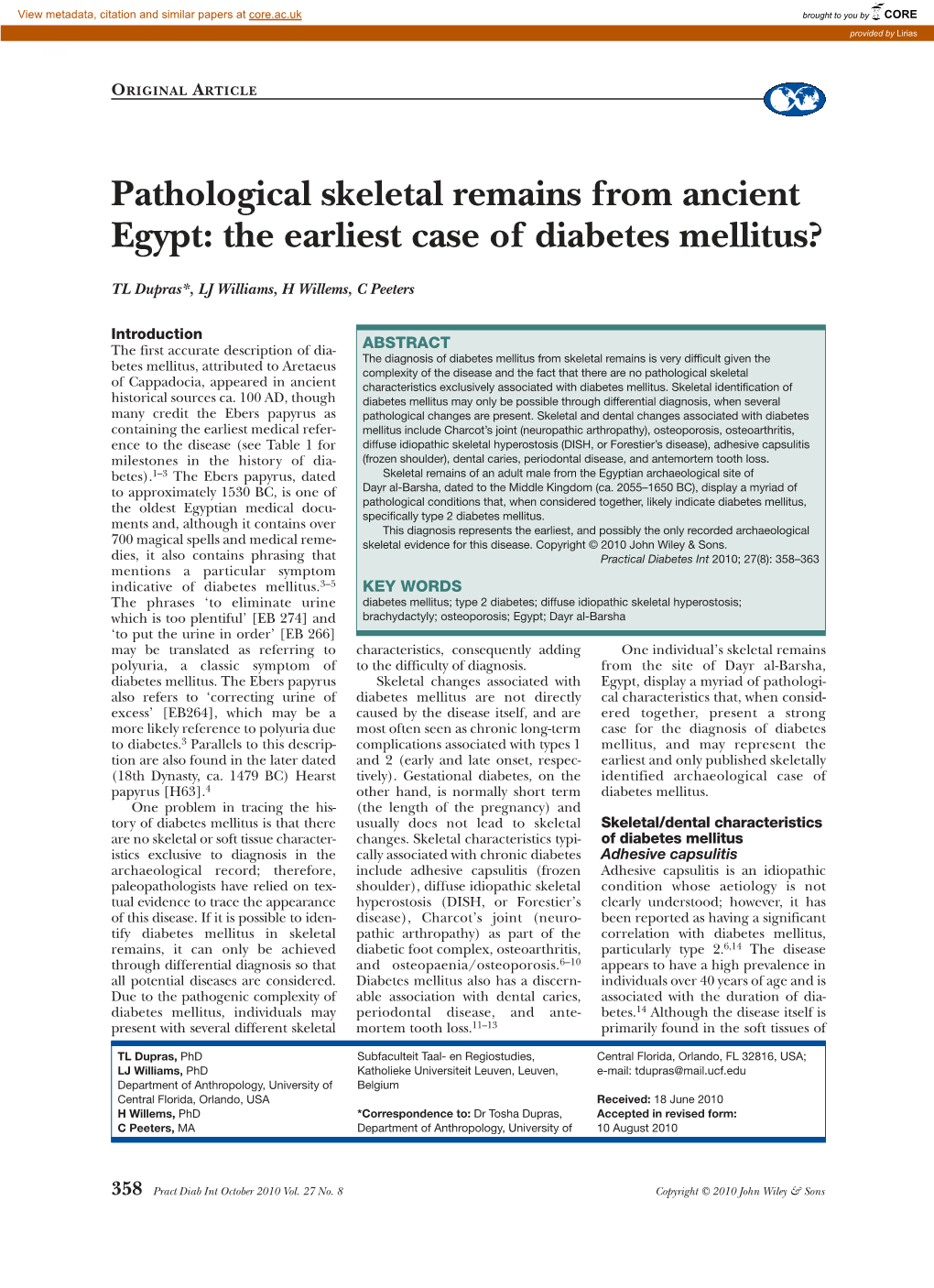 Pathological Skeletal Remains from Ancient Egypt: the Earliest Case of Diabetes Mellitus?