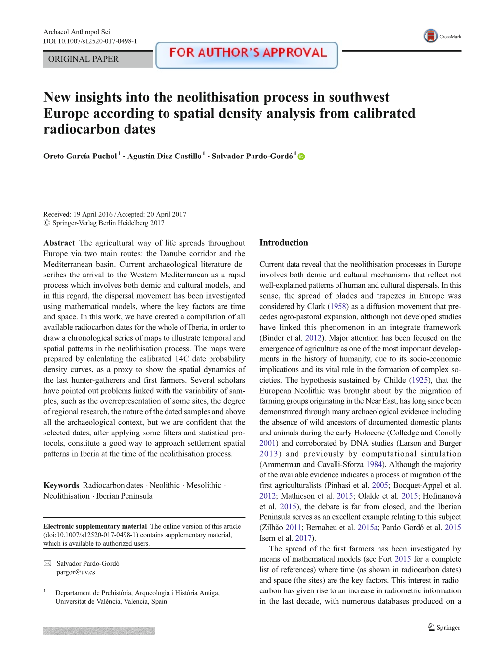 New Insights Into the Neolithisation Process in Southwest Europe According to Spatial Density Analysis from Calibrated Radiocarbon Dates