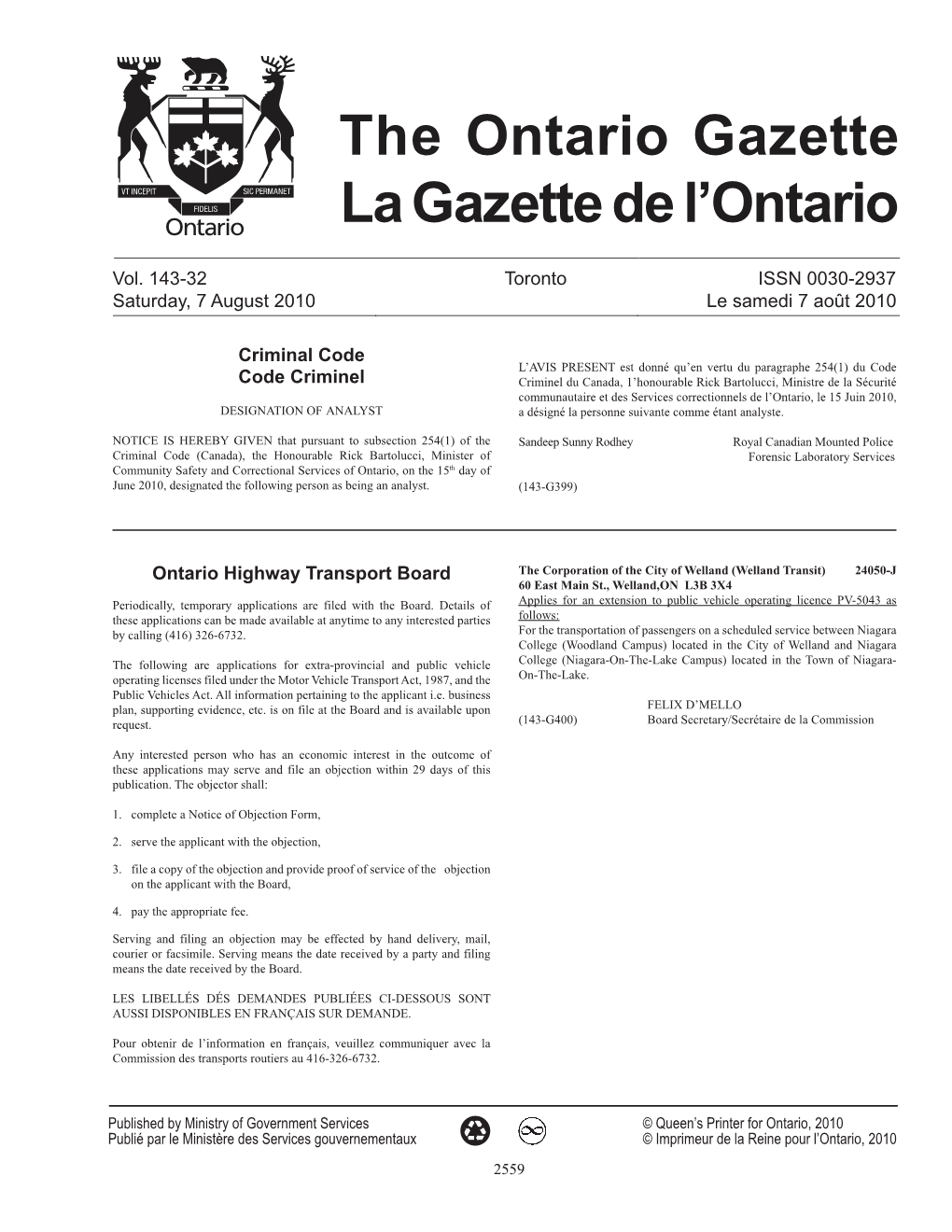 Ontario Gazette Volume 143 Issue 32, La Gazette De L'ontario Volume 143