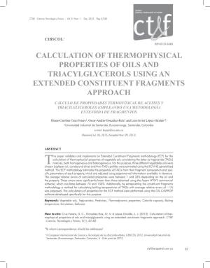 Calculation of Thermophysical Properties of Oils and Triacylglycerols Using an Extended Constituent Fragments Approach