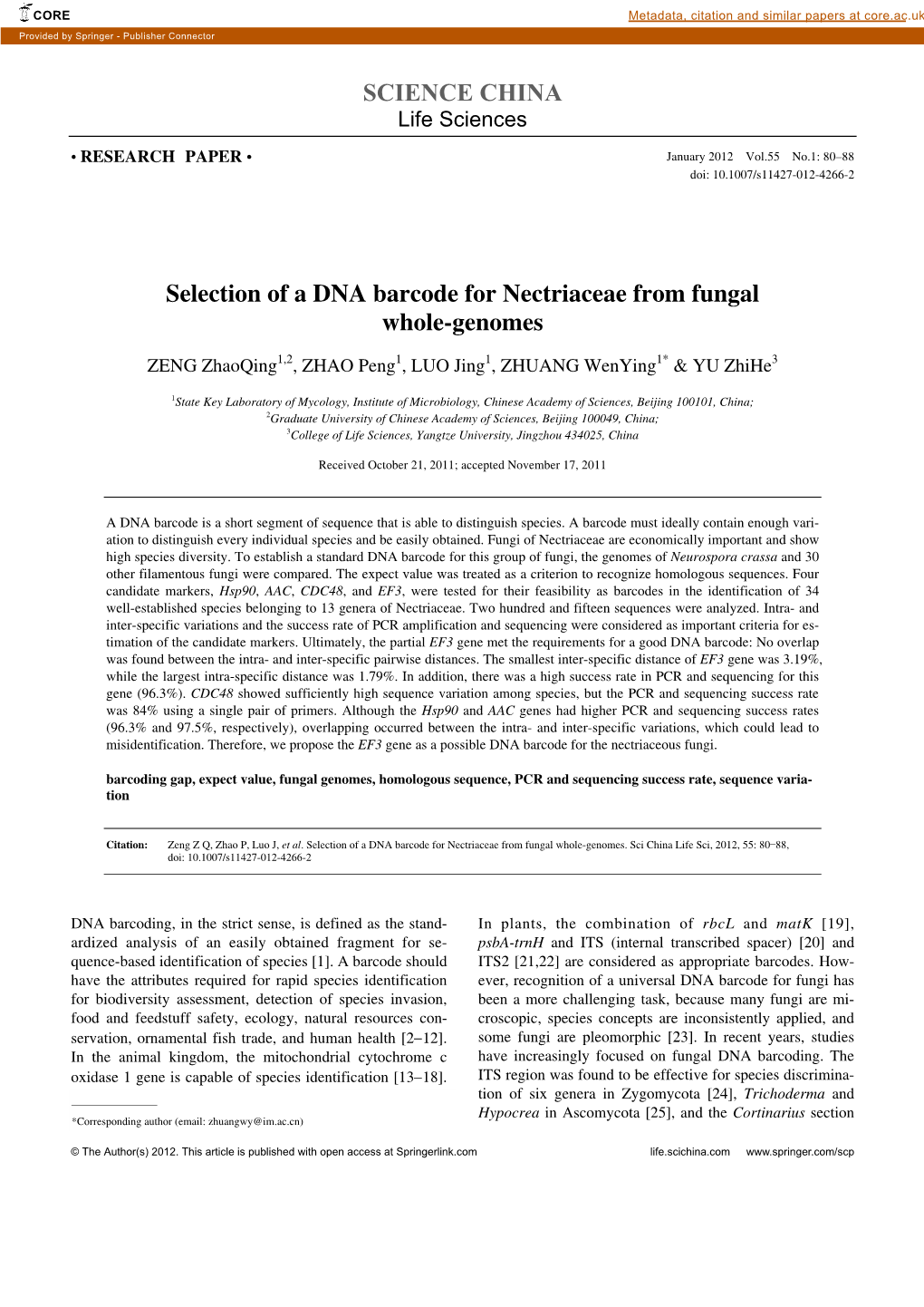 SCIENCE CHINA Selection of a DNA Barcode for Nectriaceae from Fungal