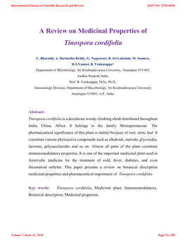 A Review on Medicinal Properties of Tinospora Cordifolia
