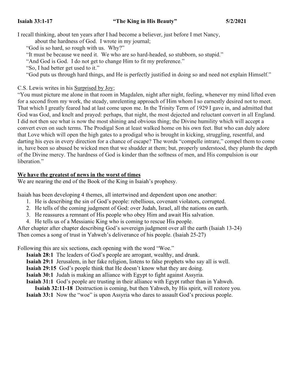 Isaiah 33:1-17 “The King in His Beauty” 5/2/2021