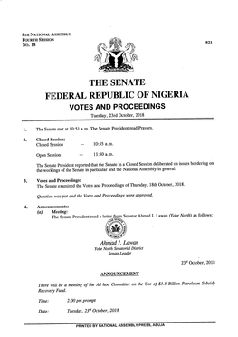 THE SENATE FEDERAL REPUBLIC of NIGERIA VOTES and PROCEEDINGS Tuesday, 23Rd October, 2018