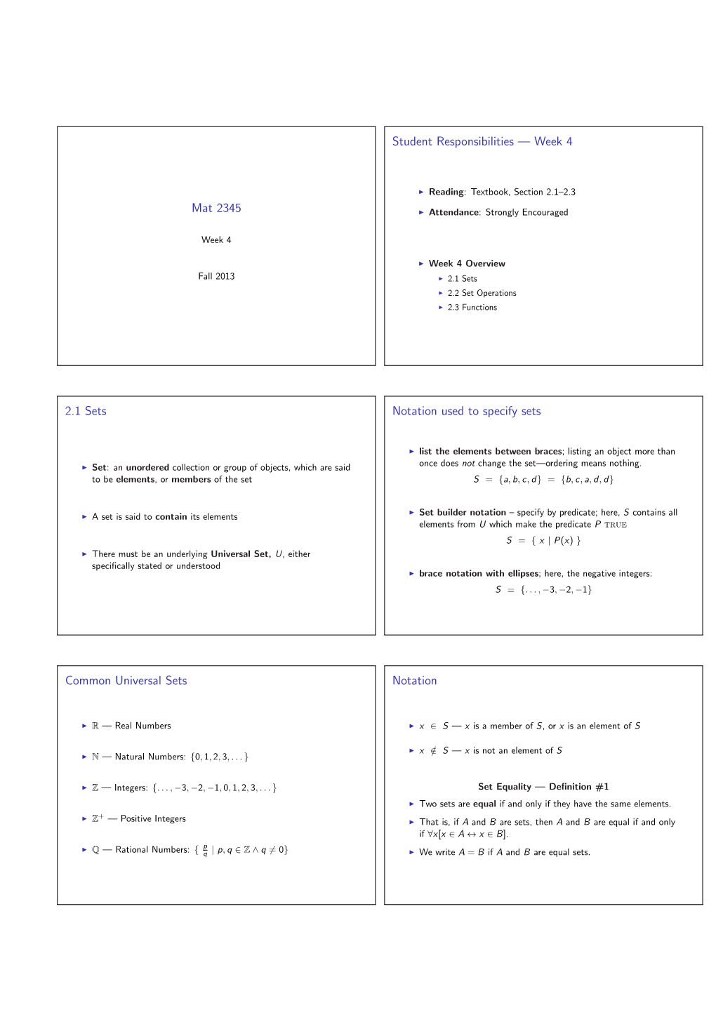 Mat 2345 Student Responsibilities — Week 4 2.1 Sets Notation Used