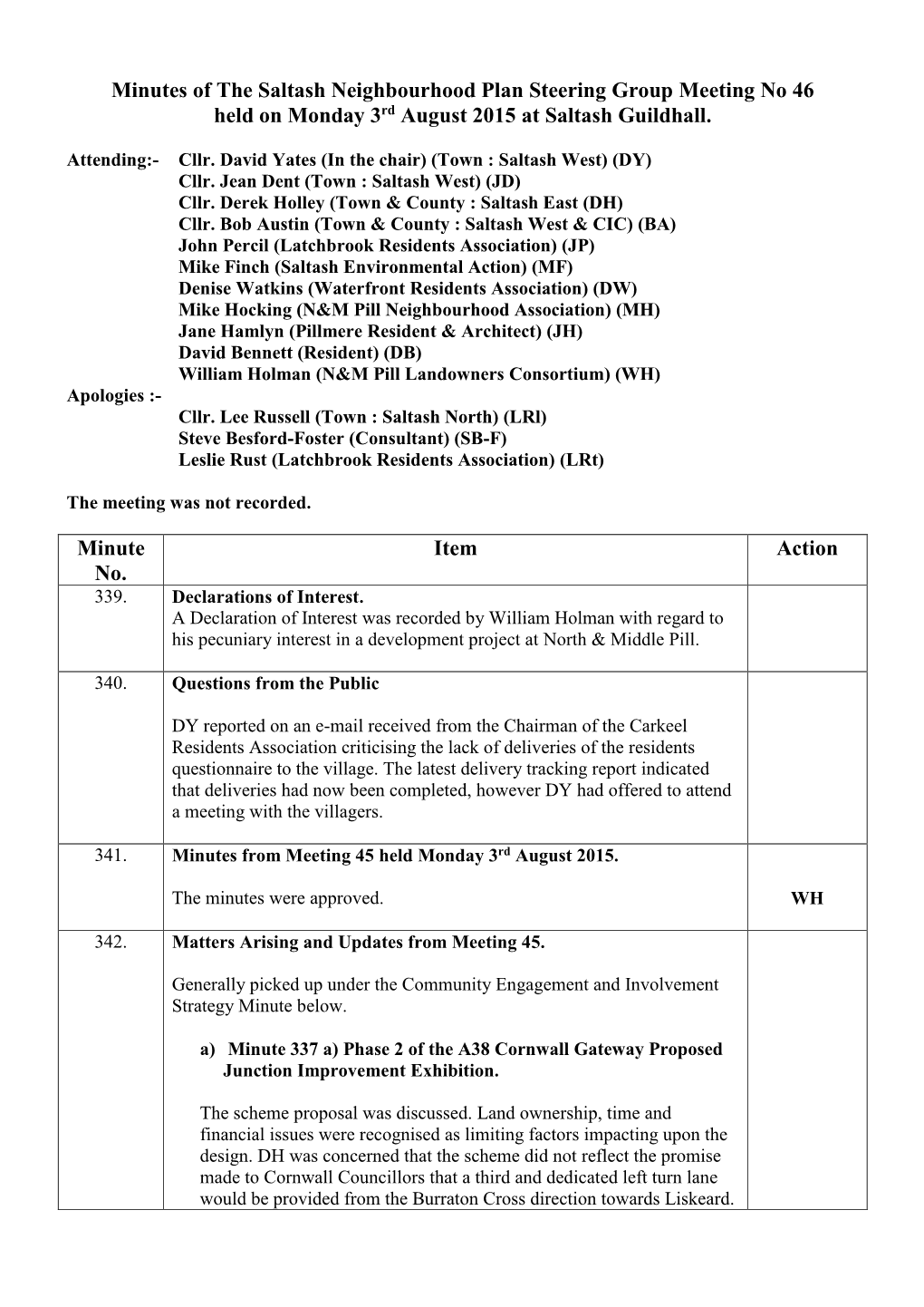 Minutes of the Saltash Neighbourhood Plan Steering Group Meeting No 46 Held on Monday 3Rd August 2015 at Saltash Guildhall