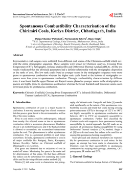 Spontaneous Combustibility Characterisation of the Chirimiri Coals, Koriya District, Chhatisgarh, India