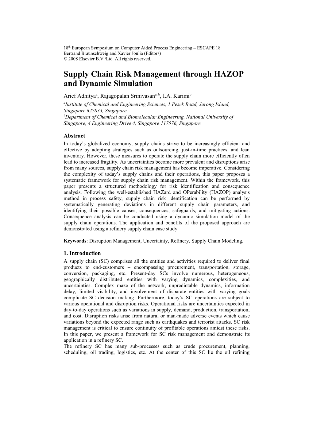 Supply Chain Risk Management Through HAZOP and Dynamic Simulation