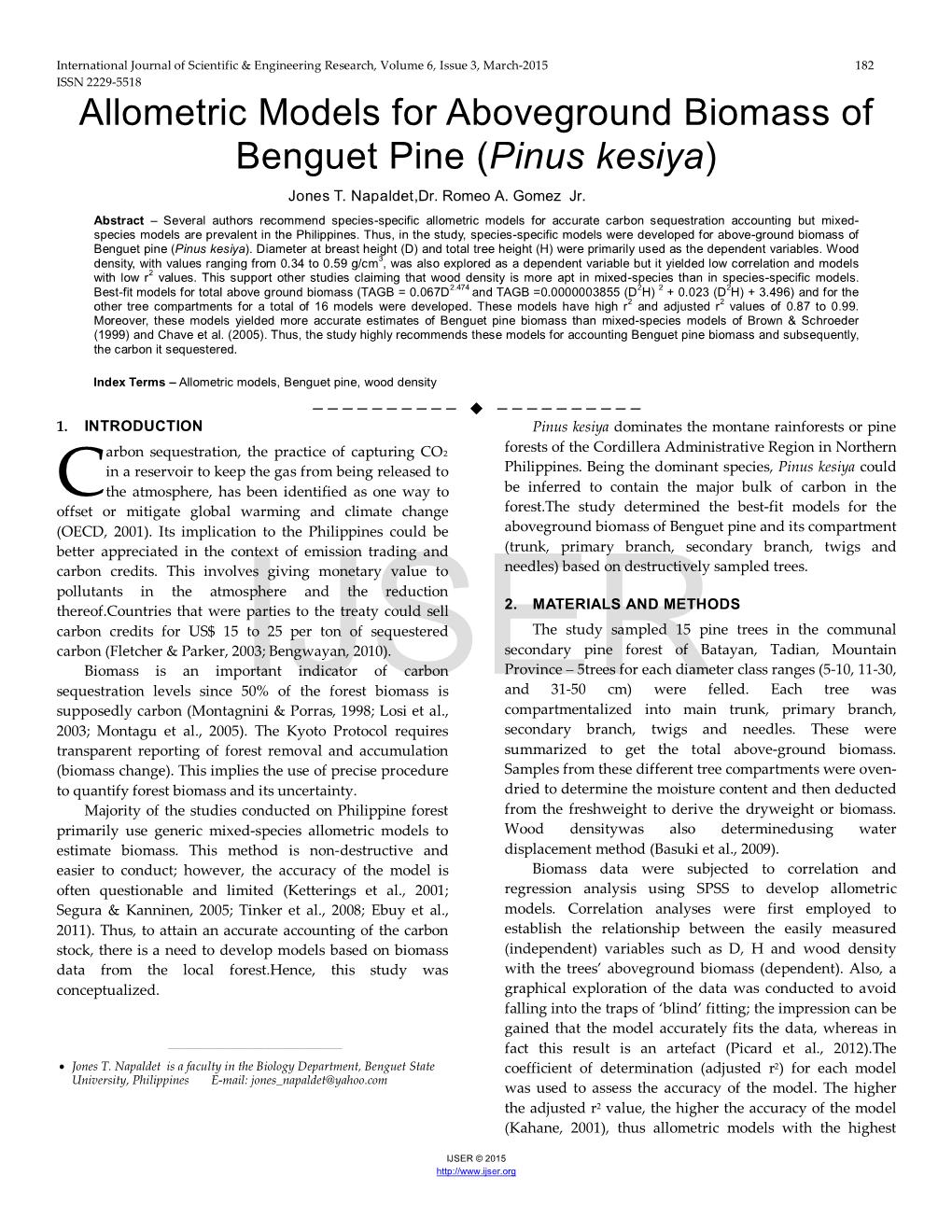 Allometric Models for Aboveground Biomass of Benguet Pine (Pinus Kesiya) Jones T