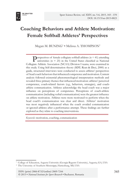 Coaching Behaviors and Athlete Motivation: Female Softball Athletes’ Perspectives