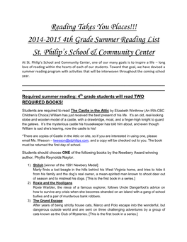 2014-2015 4Th Grade Summer Reading List St. Philip's School