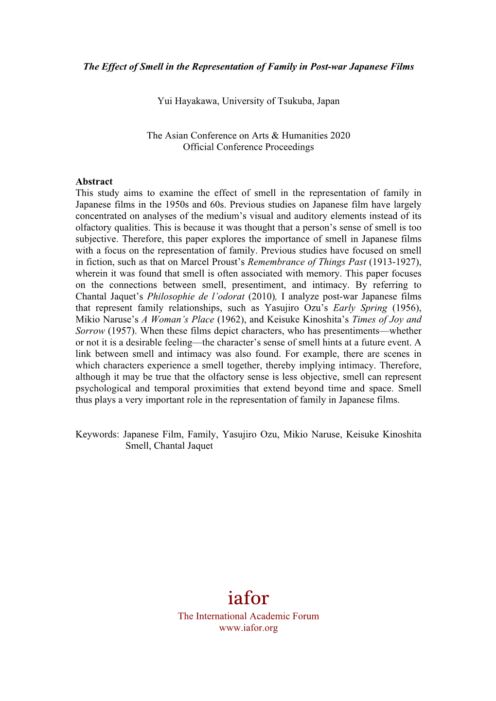 The Effect of Smell in the Representation of Family in Post-War Japanese Films