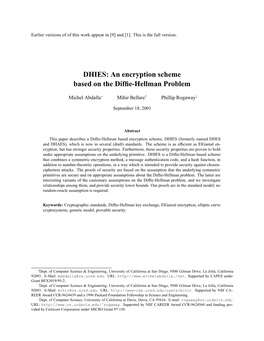 DHIES: an Encryption Scheme Based on the Diffie-Hellman Problem