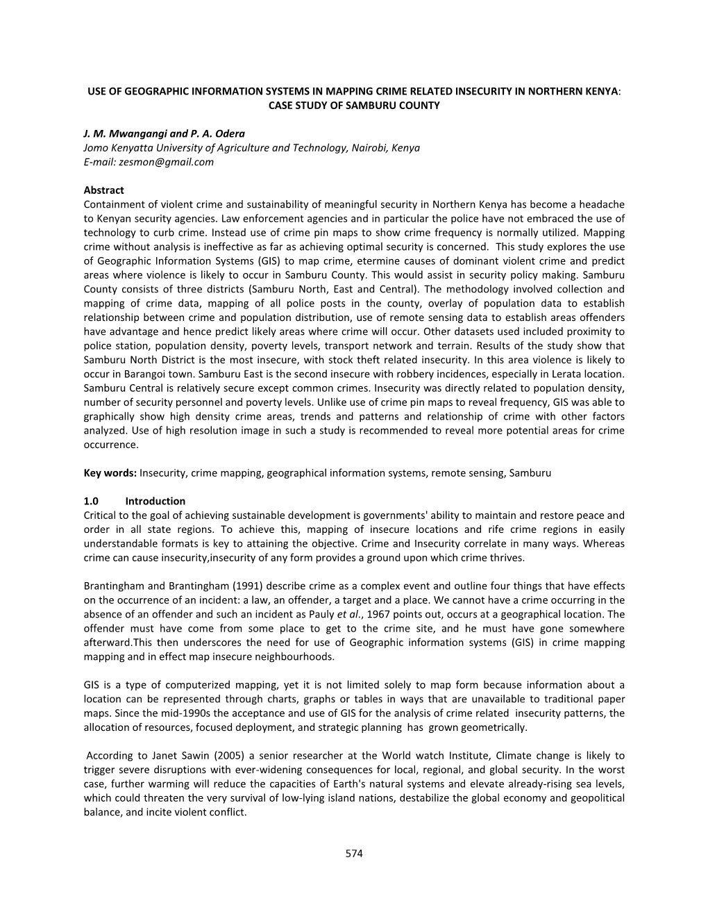 Use of Geographic Information Systems in Mapping Crime Related Insecurity in Northern Kenya: Case Study of Samburu County