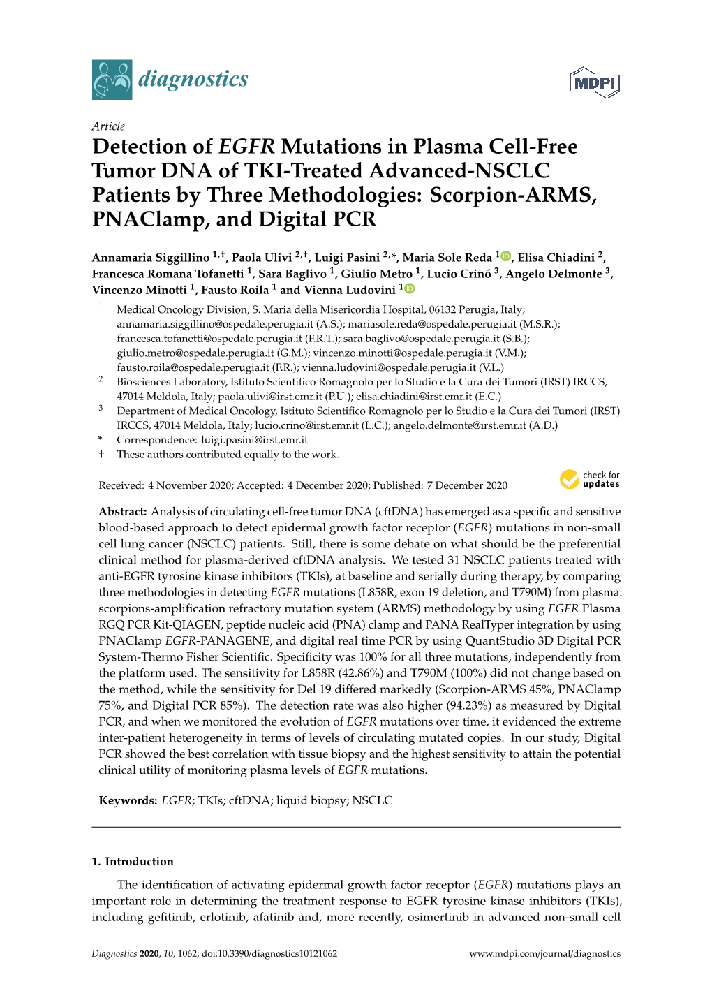 Detection of EGFR Mutations in Plasma Cell-Free Tumor DNA of TKI-Treated Advanced-NSCLC Patients by Three Methodologies: Scorpion-ARMS, Pnaclamp, and Digital PCR