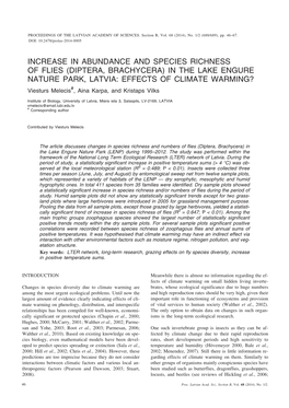 DIPTERA, BRACHYCERA) in the LAKE ENGURE NATURE PARK, LATVIA: EFFECTS of CLIMATE WARMING? Viesturs Melecis#, Aina Karpa, and Kristaps Vilks