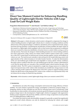 Direct Yaw Moment Control for Enhancing Handling Quality of Lightweight Electric Vehicles with Large Load-To-Curb Weight Ratio