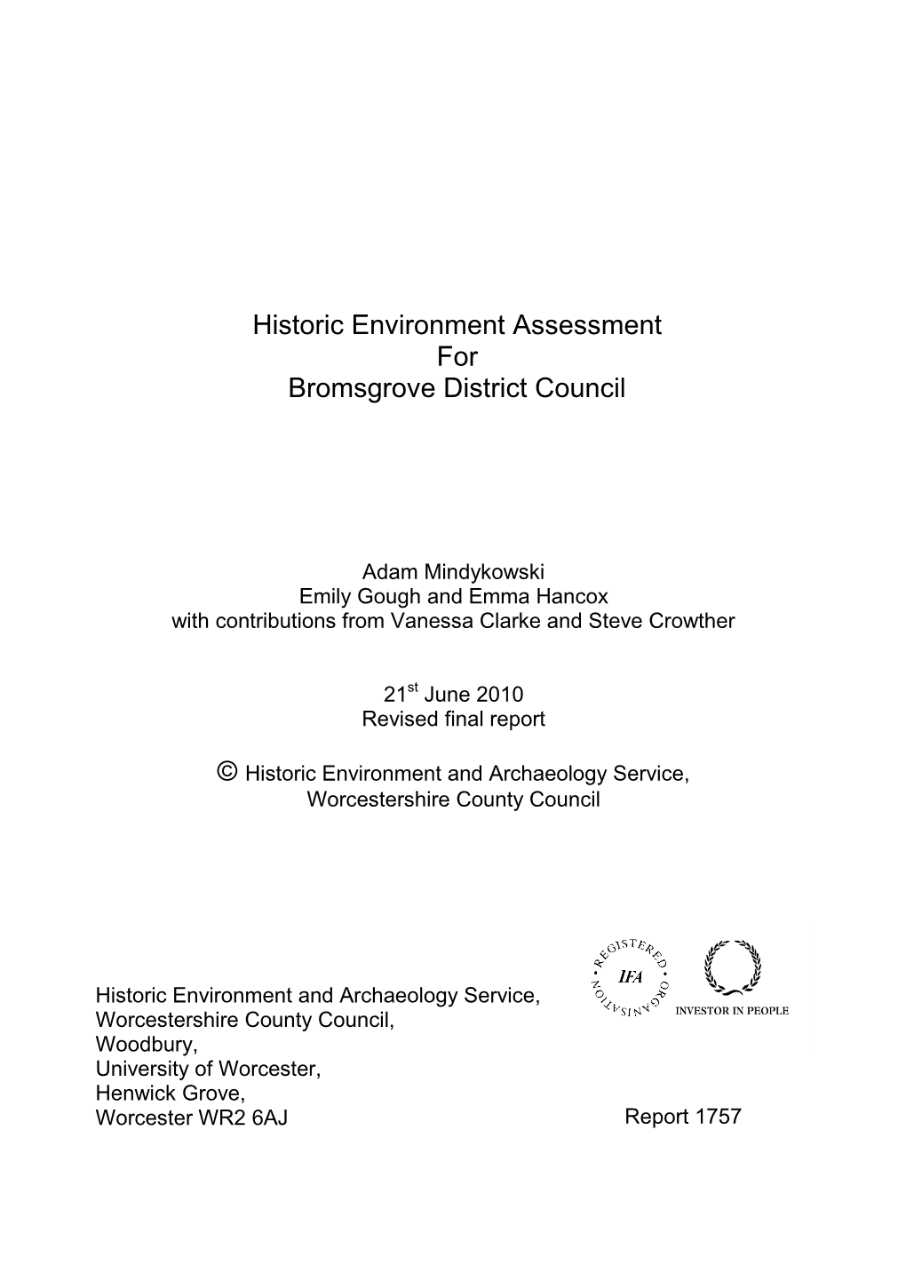 Historic Environment Assessment for Bromsgrove District Council